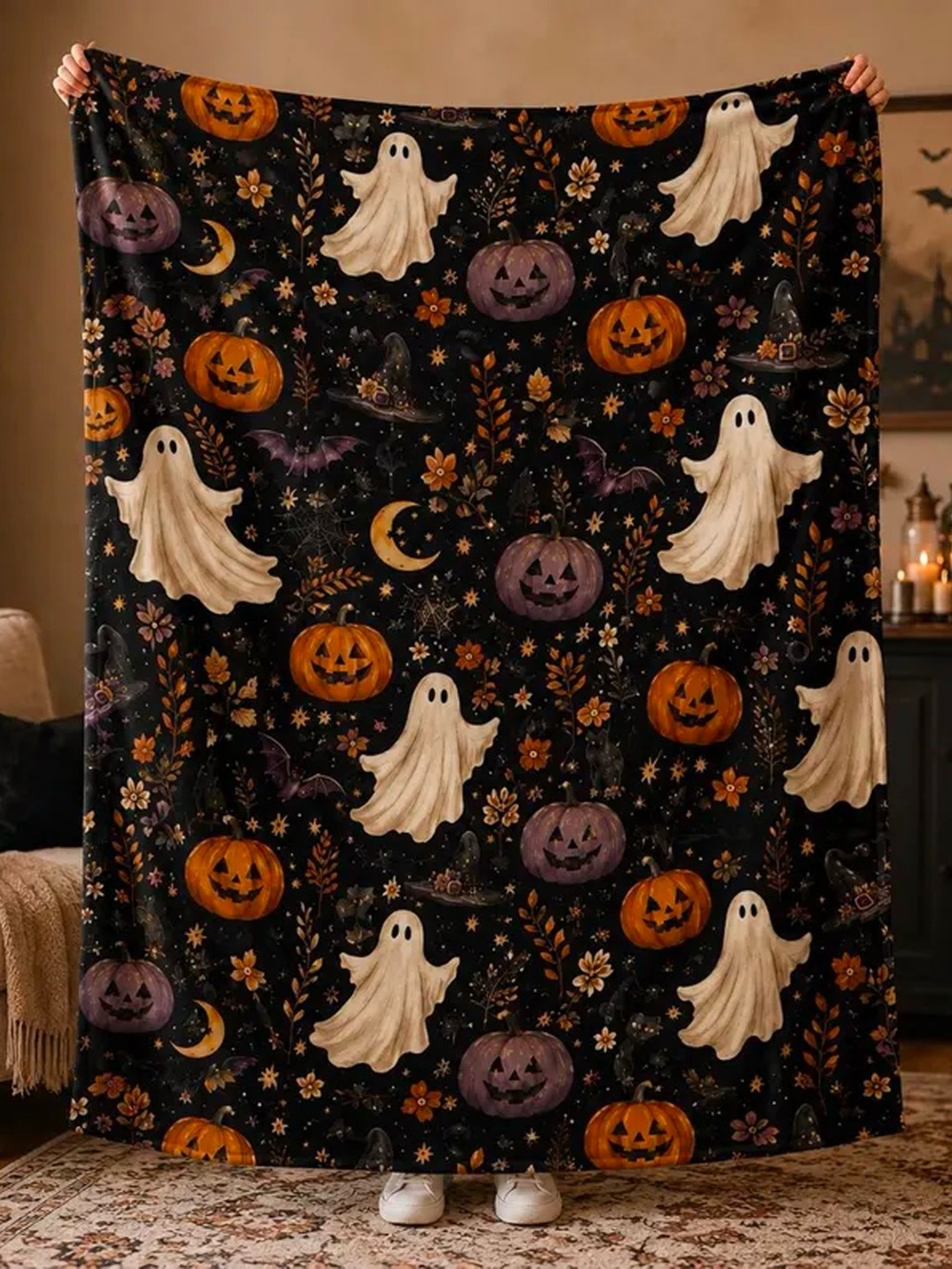 Halloween Ghosts & Pumpkins Cozy Throw Blanket - Black & Orange